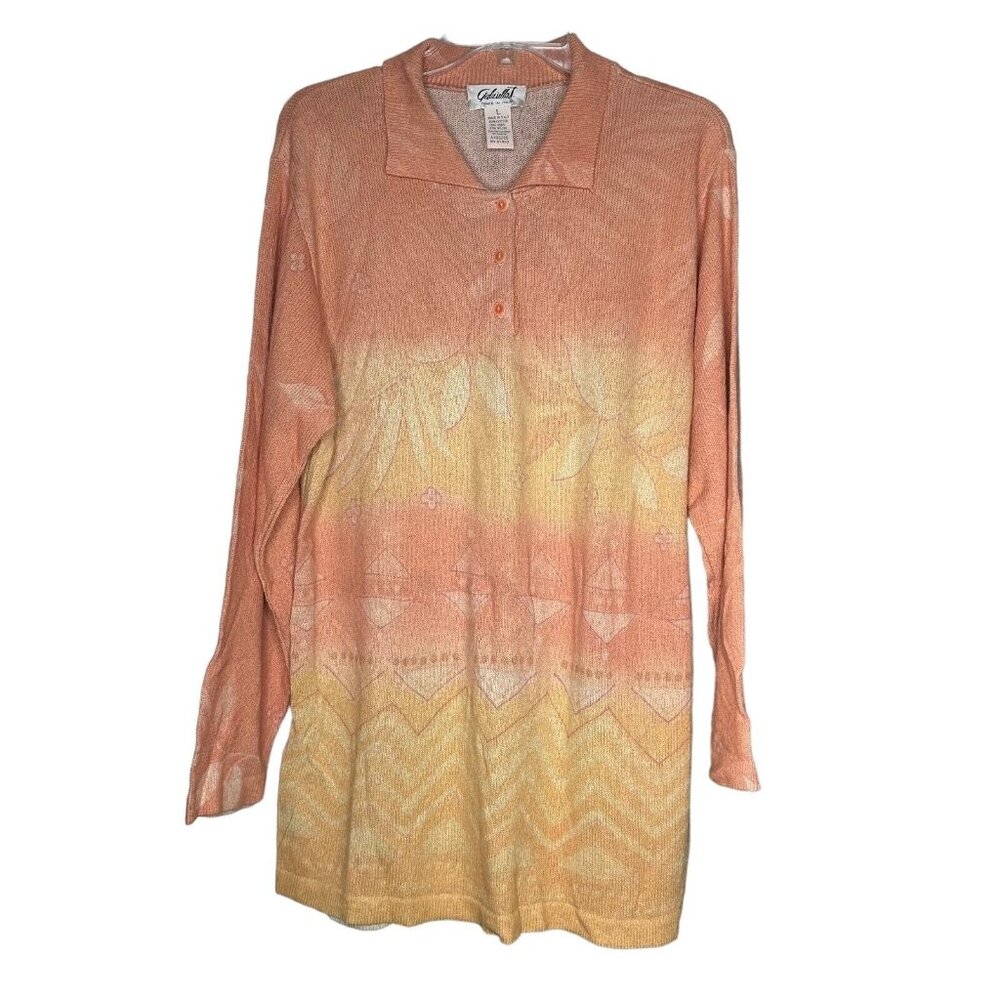 Gabriella T Womens Sweater Orange Large Floral Long Sleeve Collared Cotton Linen